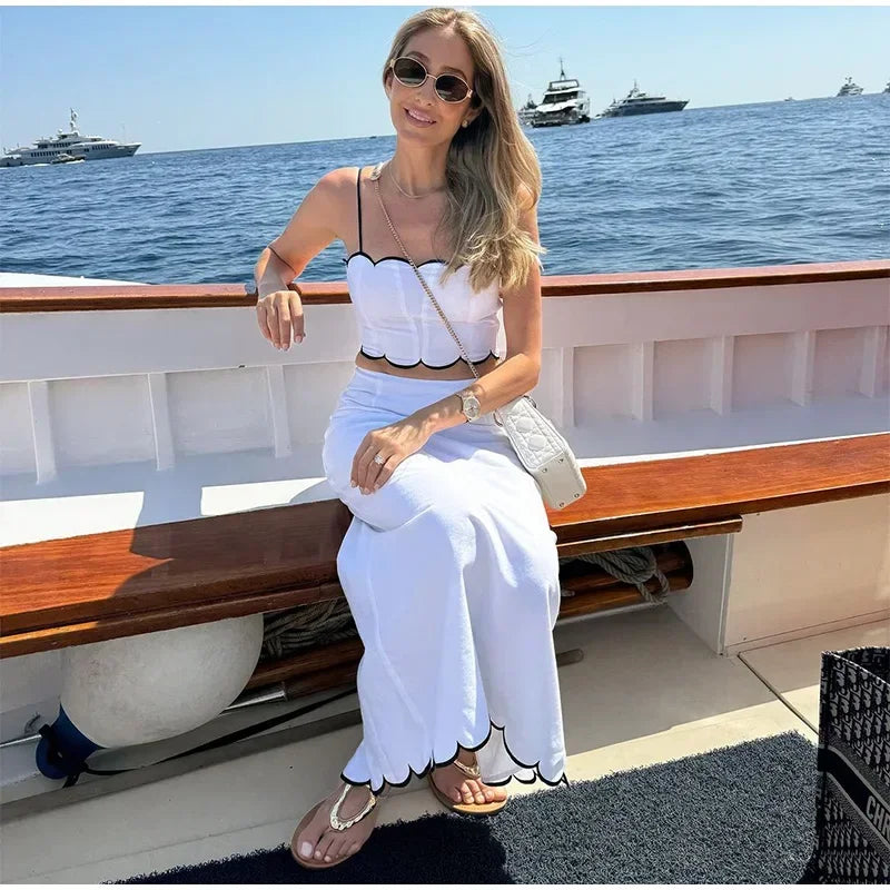 Elegant White Ruffle Beach Sets Women's Strap Backless Crop Top Long Skirt 2 Pieces Set Summer Beachwear Party Holiday Vacation