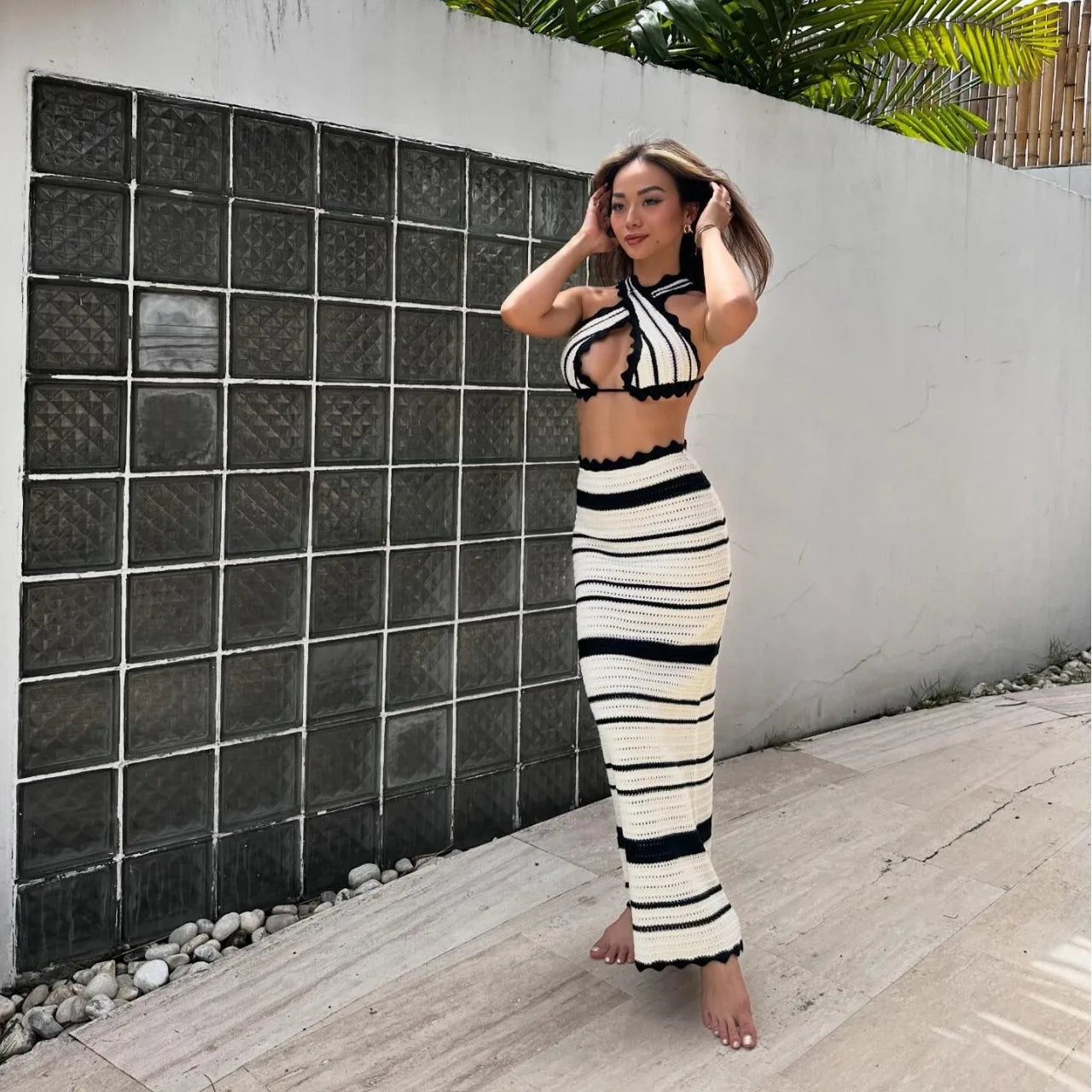 Elegant Black White Striped Knit Beach Sets Women's Halter Backless Crop Top Long Skirt Suit Summer Beachwear Holiday Vacation