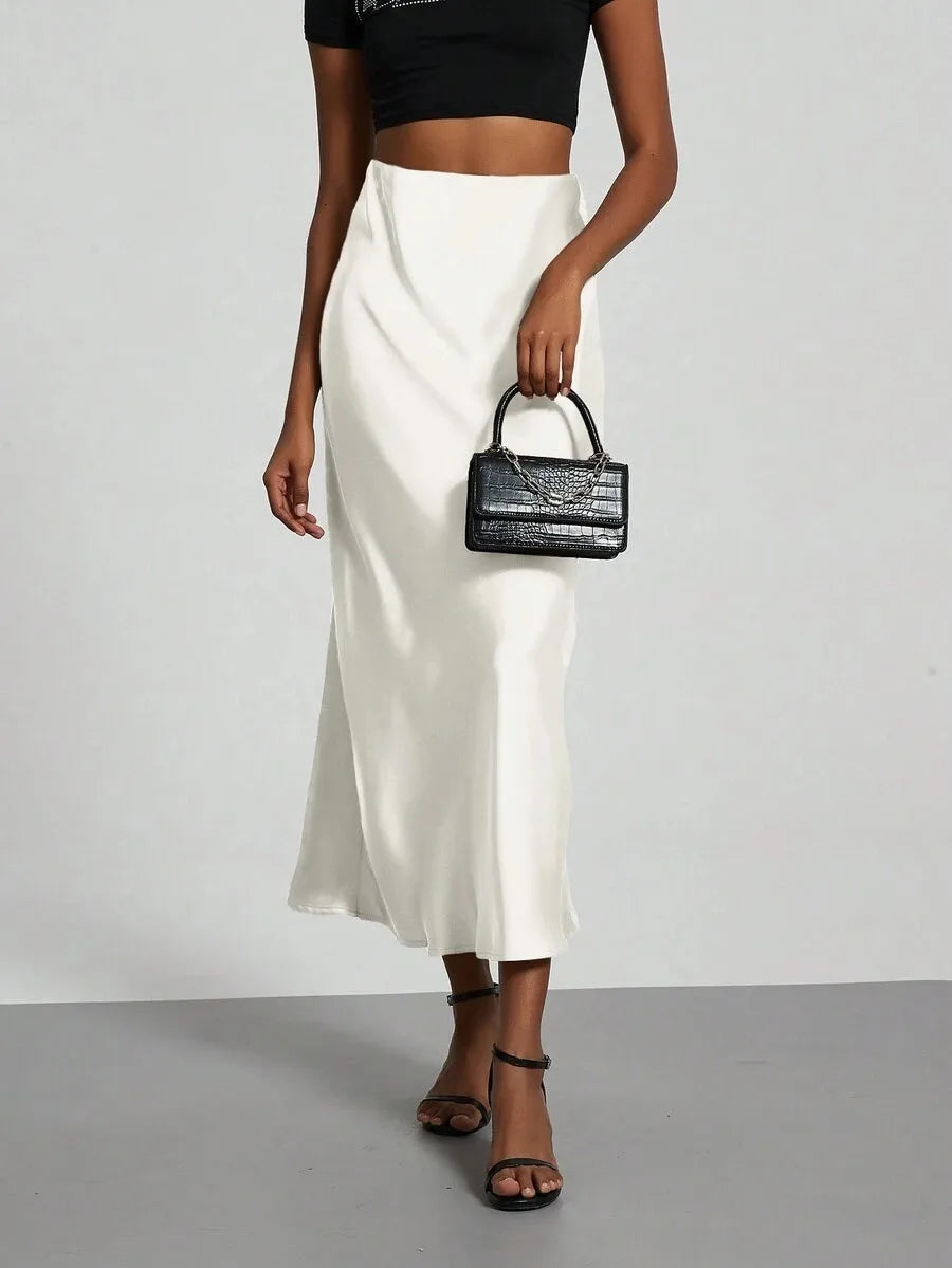 Satin Midi Skirt Women's High Waist Slik Skirts Female Clothing Black Fashion White Pink Blue Gray Burgundy Coffee Office Lady