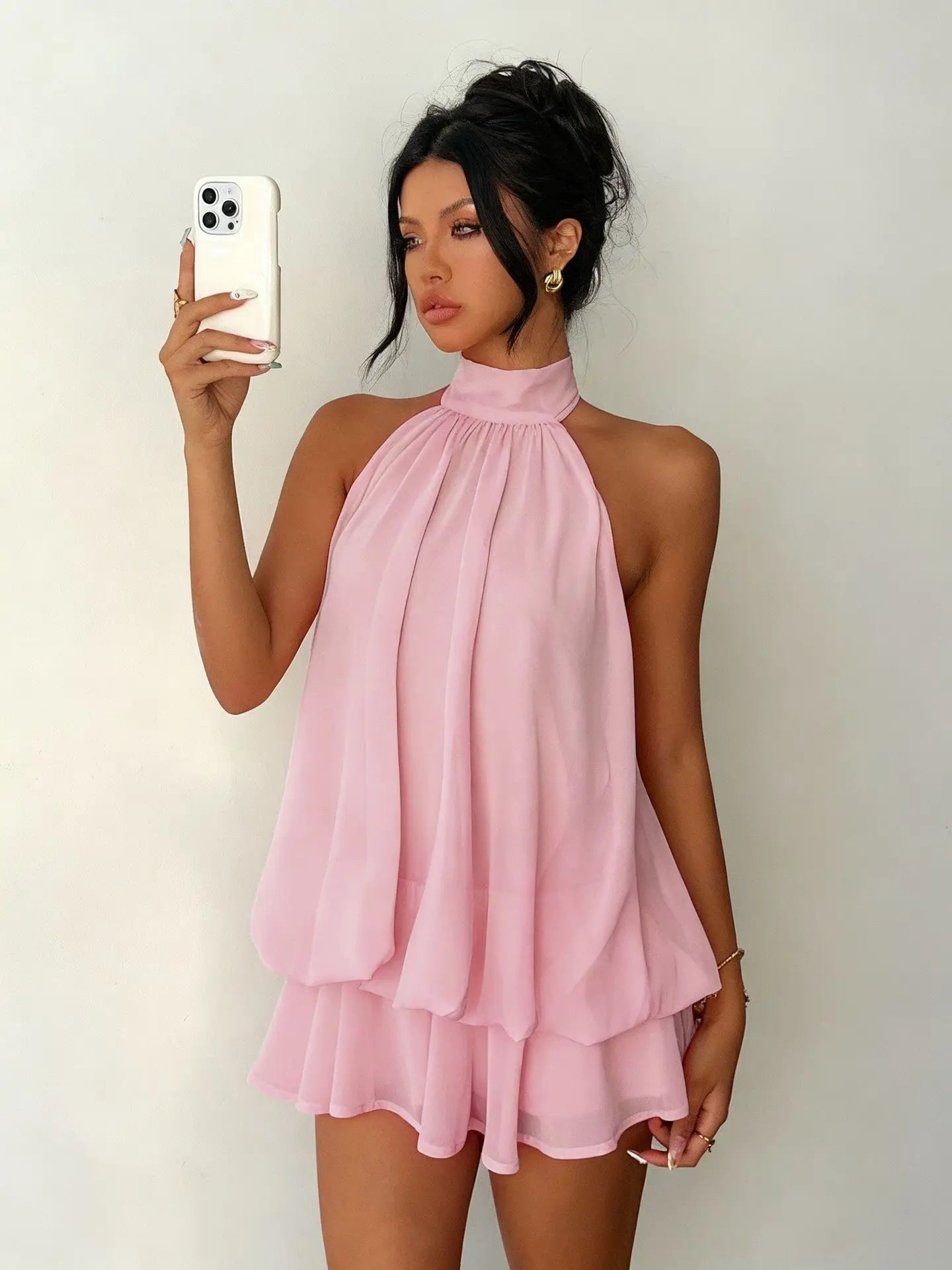 Sexy Yellow Chiffon Backless Mini Dress Women's Halter Casual Short Dresses Summer Khaki Brown Blue Pink Polka Dot Floral New