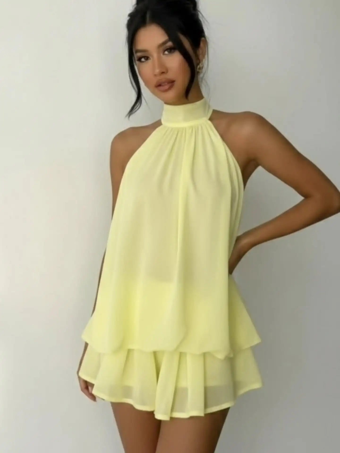 Sexy Yellow Chiffon Backless Mini Dress Women's Halter Casual Short Dresses Summer Khaki Brown Blue Pink Polka Dot Floral New