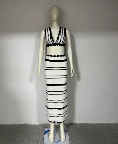 Elegant Black White Striped Knit Beach Sets Women's Halter Backless Crop Top Long Skirt  Suit Summer Beachwear Holiday Vacation