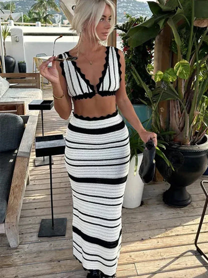 Elegant Black White Striped Knit Beach Sets Women's Halter Backless Crop Top Long Skirt  Suit Summer Beachwear Holiday Vacation