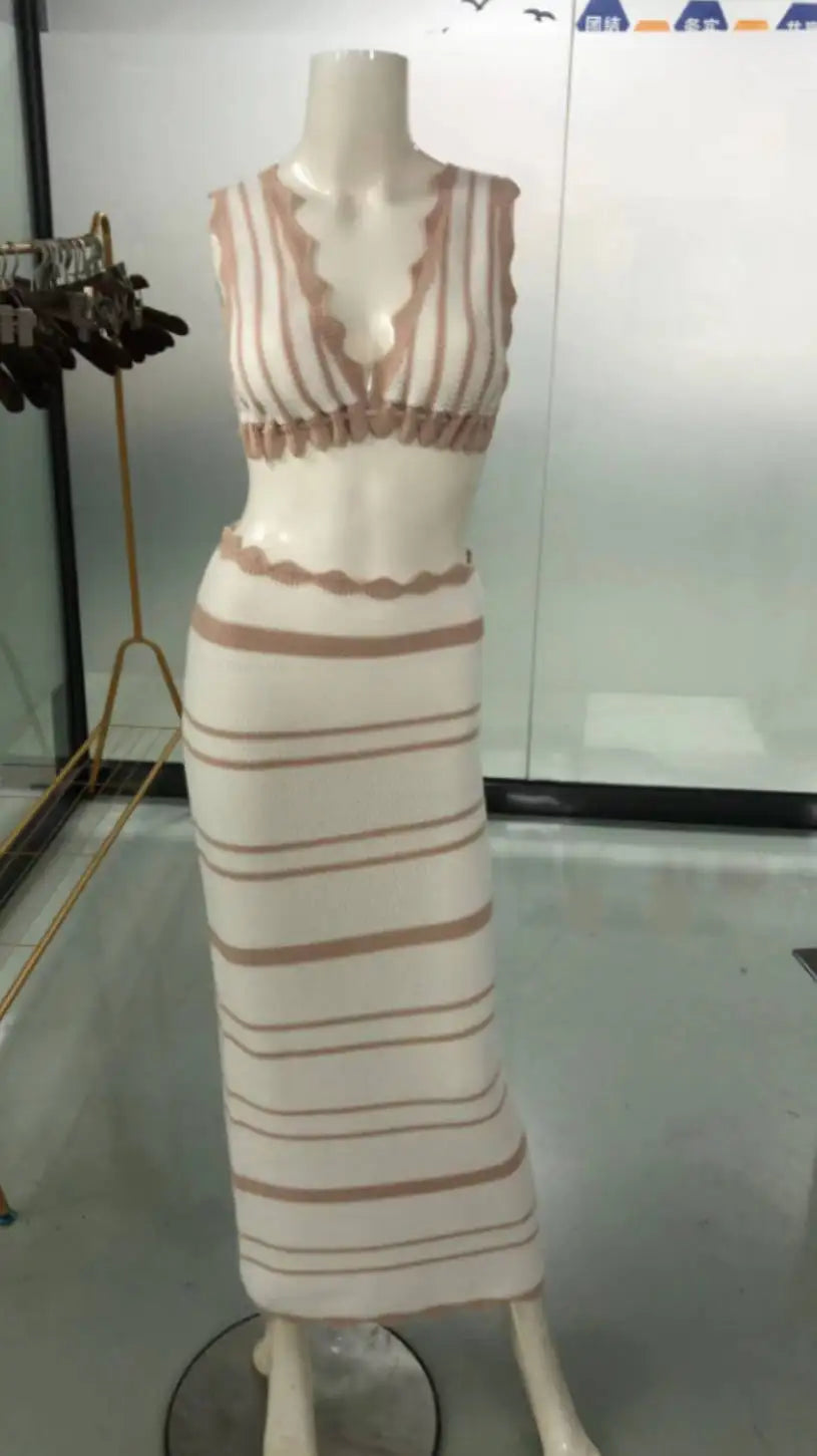 Elegant Black White Striped Knit Beach Sets Women's Halter Backless Crop Top Long Skirt  Suit Summer Beachwear Holiday Vacation
