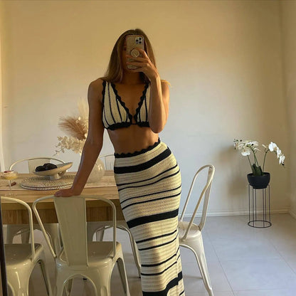 Elegant Black White Striped Knit Beach Sets Women's Halter Backless Crop Top Long Skirt  Suit Summer Beachwear Holiday Vacation