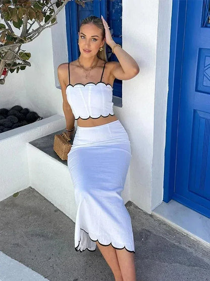 Elegant White Ruffle Beach Sets Women's Strap Backless Crop Top Long Skirt 2 Pieces Set Summer Beachwear Party Holiday Vacation