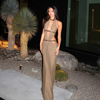 Sexy Women's Maxi Dress Halter Hollow Out Backless Sleeveless Ruched Evening Long Dresses Party Chic Robe Green Purple Summer