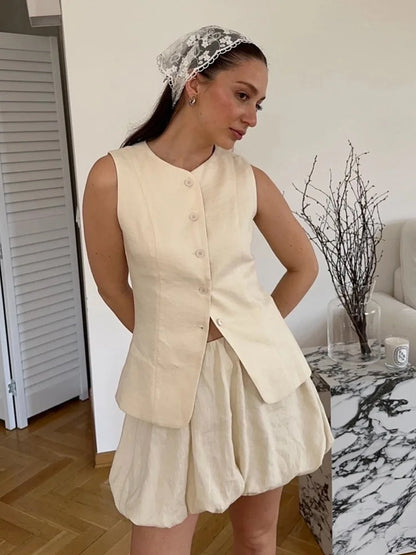 White Vest Bud Short Skirts Sets Women's Sleeveless Top Mini Skirt Matching Set Suit Summer Wear Office Lady Birthday 2026 New