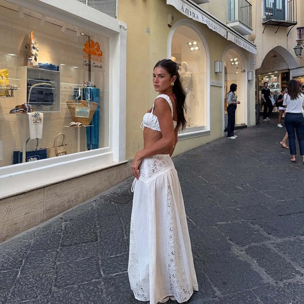White Lace Beach 2 Pieces Sets Cover Up Women's Backless Crop Top Long Skirt Matching Set Suit Summer Holiday Vacation Outfit