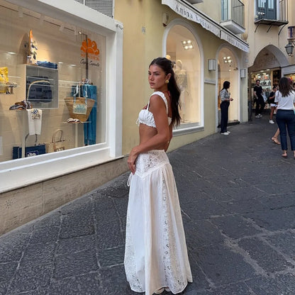 White Lace Beach 2 Pieces Sets Cover Up Women's Backless Crop Top Long Skirt Matching Set Suit Summer Holiday Vacation Outfit