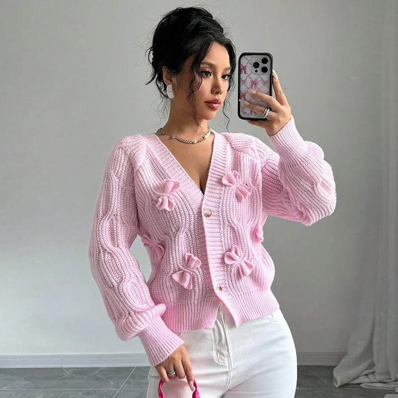 Women's Knitted Bow Cardigan Elegant Long Sleeve Tops Sweater Knitwears Top Female Clothing Fall Autumn Pink White Blue Purple