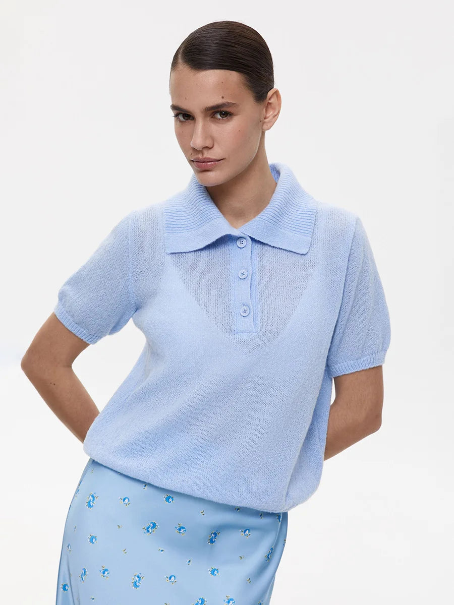 Summer Women's Polo Collar Knitted Short Sleeves Sweater Transparent T-shirt Female Simple 2025 Pink Yellow Gray Blue Red White