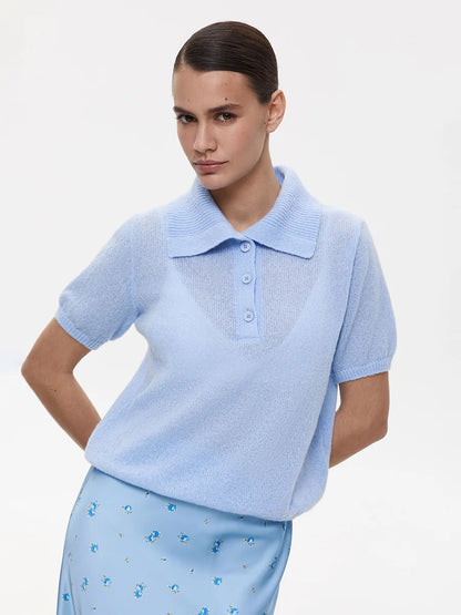Summer Women's Polo Collar Knitted Short Sleeves Sweater Transparent T-shirt Female Simple 2025 Pink Yellow Gray Blue Red White