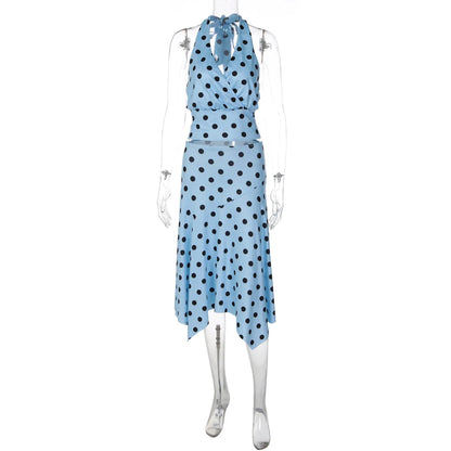 Blue Irregular Polka Dot Beach Sets Women's Halter Backless Crop Top Midi Skirt Matching Set Suit Summer Wear Holiday Vacation