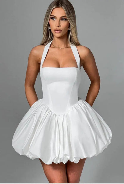 Elegant Red Backless Corset Halter Mini Dress Women Puff Hem Short Dresses Summer Evening Party Birthday Wedding Guest Cocktail