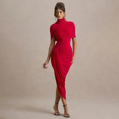 Elegant Women's Tight Curvy Midi Dress Sexy Backless Draped Bodycon Dresses Evening Party Wedding Guest Summer New Yellow White