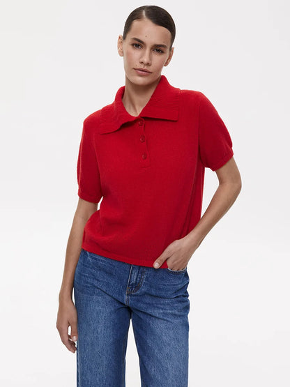 Summer Women's Polo Collar Knitted Short Sleeves Sweater Transparent T-shirt Female Simple 2025 Pink Yellow Gray Blue Red White