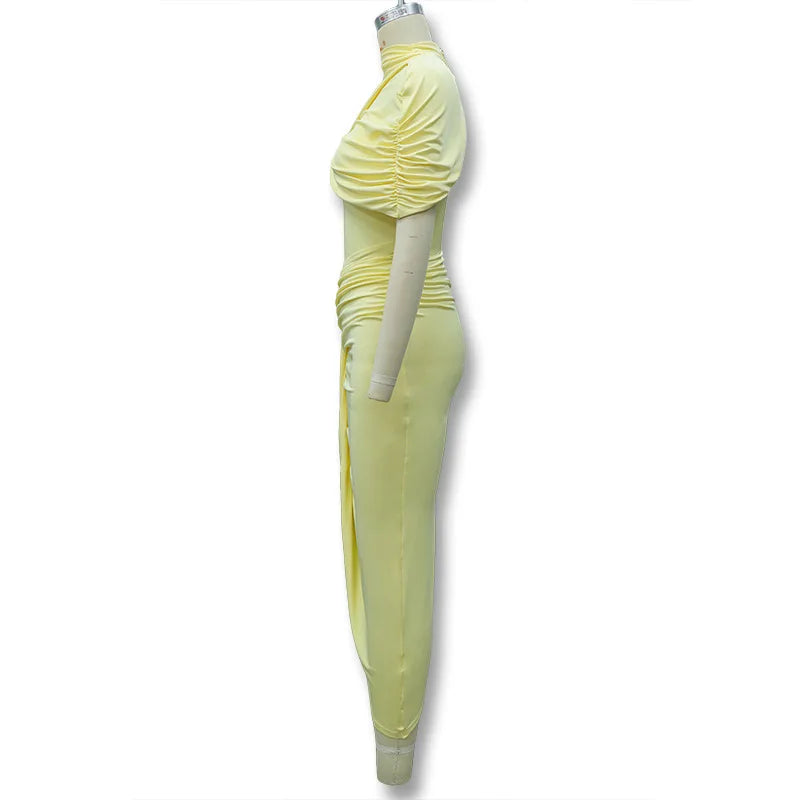 Elegant Women's Tight Curvy Midi Dress Sexy Backless Draped Bodycon Dresses Evening Party Wedding Guest Summer New Yellow White