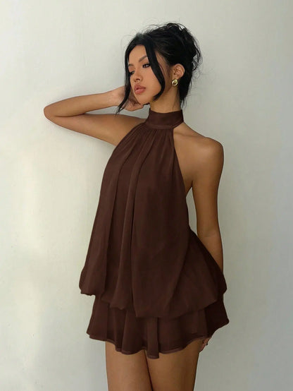 Sexy Yellow Chiffon Backless Mini Dress Women's Halter Casual Short Dresses Summer Khaki Brown Blue Pink Polka Dot Floral New