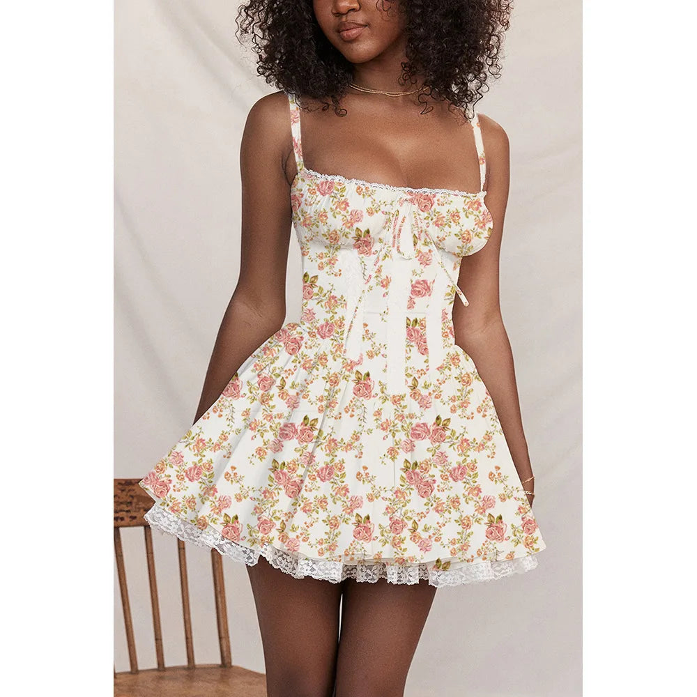 Sexy Lace Floral Corset Short Dress Elegant Women's White Yellow Sundress Female Mini Casual Sun Dresses Summer White Red Blue