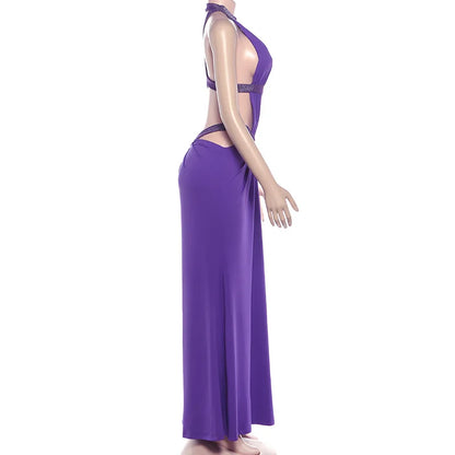 Sexy Women's Maxi Dress Halter Hollow Out Backless Sleeveless Ruched Evening Long Dresses Party Chic Robe Green Purple Summer