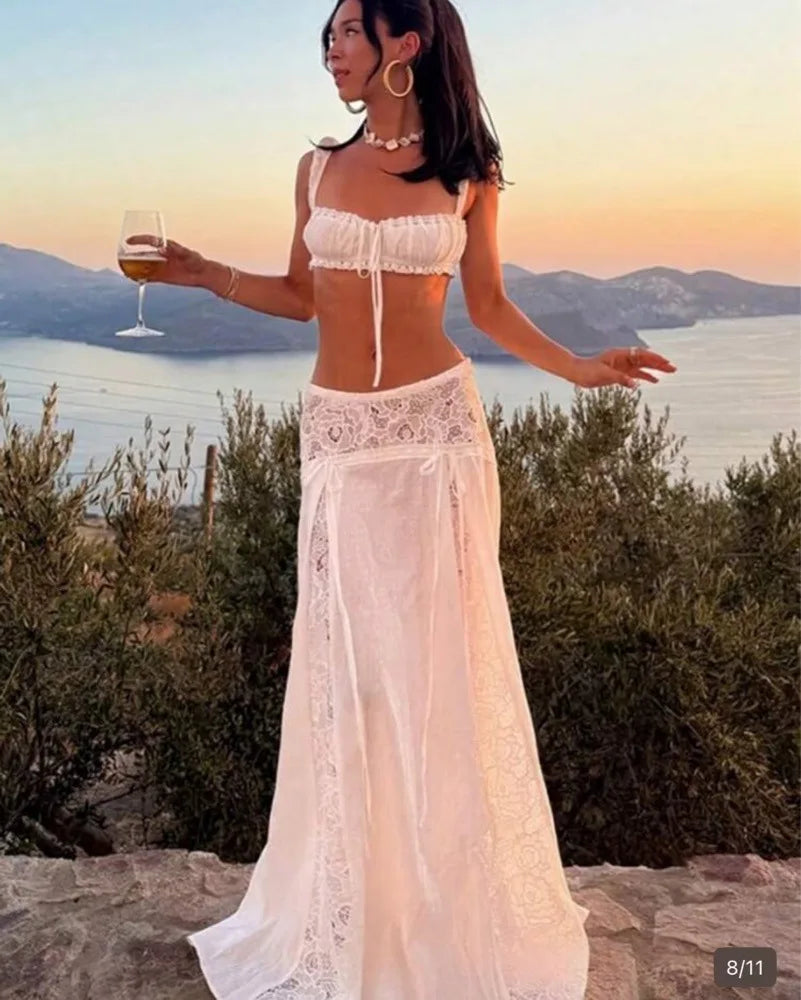 White Lace Beach 2 Pieces Sets Cover Up Women's Backless Crop Top Long Skirt Matching Set Suit Summer Holiday Vacation Outfit