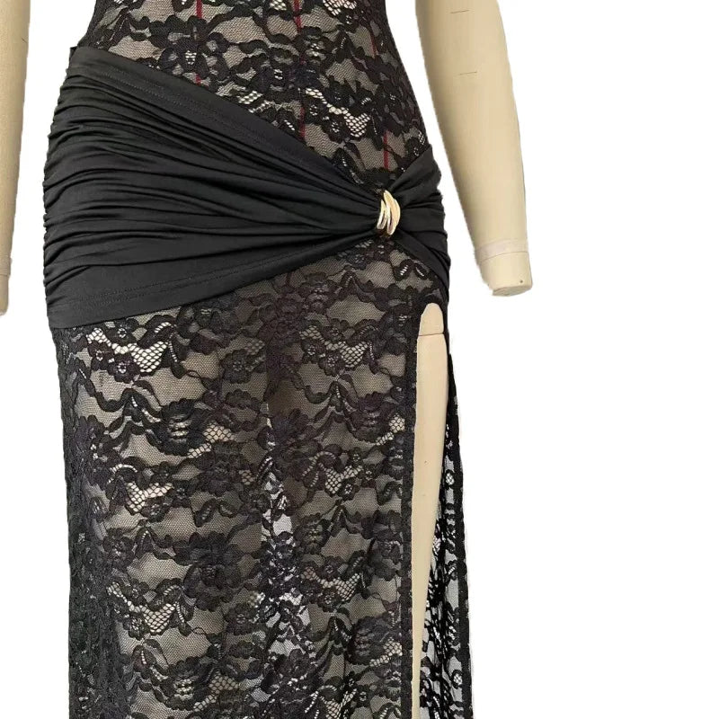Elegant Black Lace Hollow Out Long Dress Women's Ruched High Slit Dresses Evening Party Club Wear Cocktail Summer Burgundy White