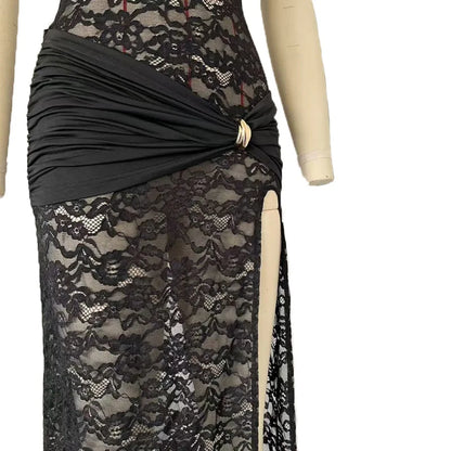 Elegant Black Lace Hollow Out Long Dress Women's Ruched High Slit Dresses Evening Party Club Wear Cocktail Summer Burgundy White