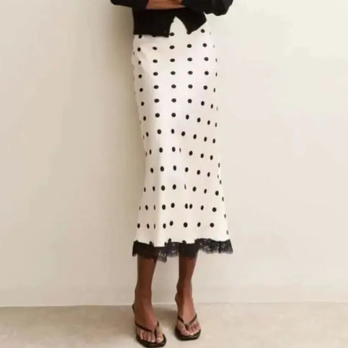 Satin Polka Dot Lace Patchwork Midi Skirt Women's High Waist Slik Skirts Female Clothing Black Fashion White Office Lady Summer