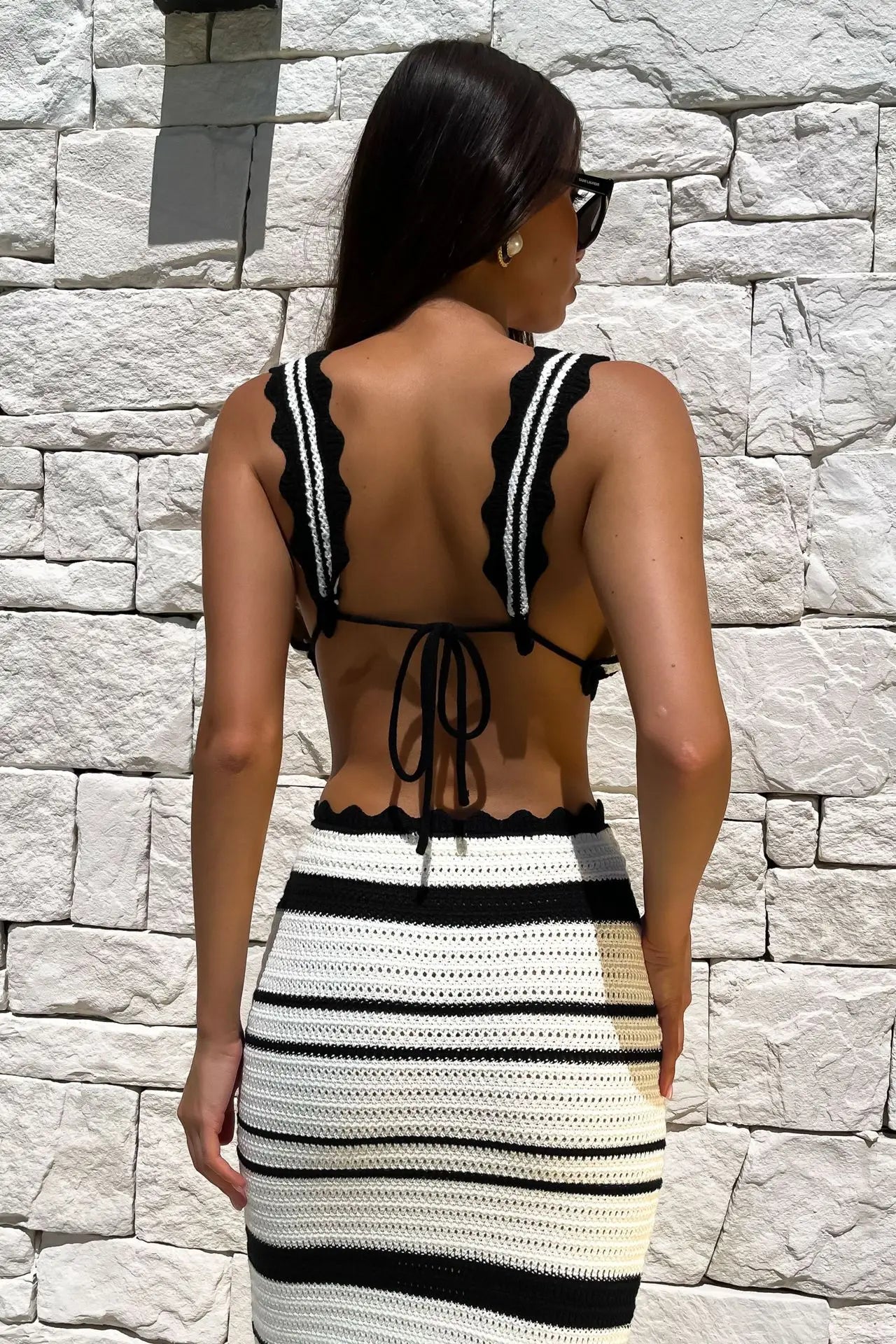 Elegant Black White Striped Knit Beach Sets Women's Halter Backless Crop Top Long Skirt  Suit Summer Beachwear Holiday Vacation