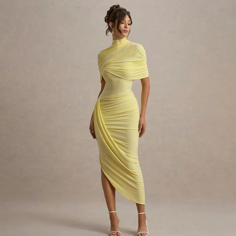 Elegant Women's Tight Curvy Midi Dress Sexy Backless Draped Bodycon Dresses Evening Party Wedding Guest Summer New Yellow White
