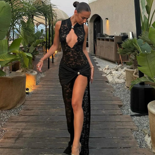 Elegant Black Lace Hollow Out Long Dress Women's Ruched High Slit Dresses Evening Party Club Wear Cocktail Summer Burgundy White