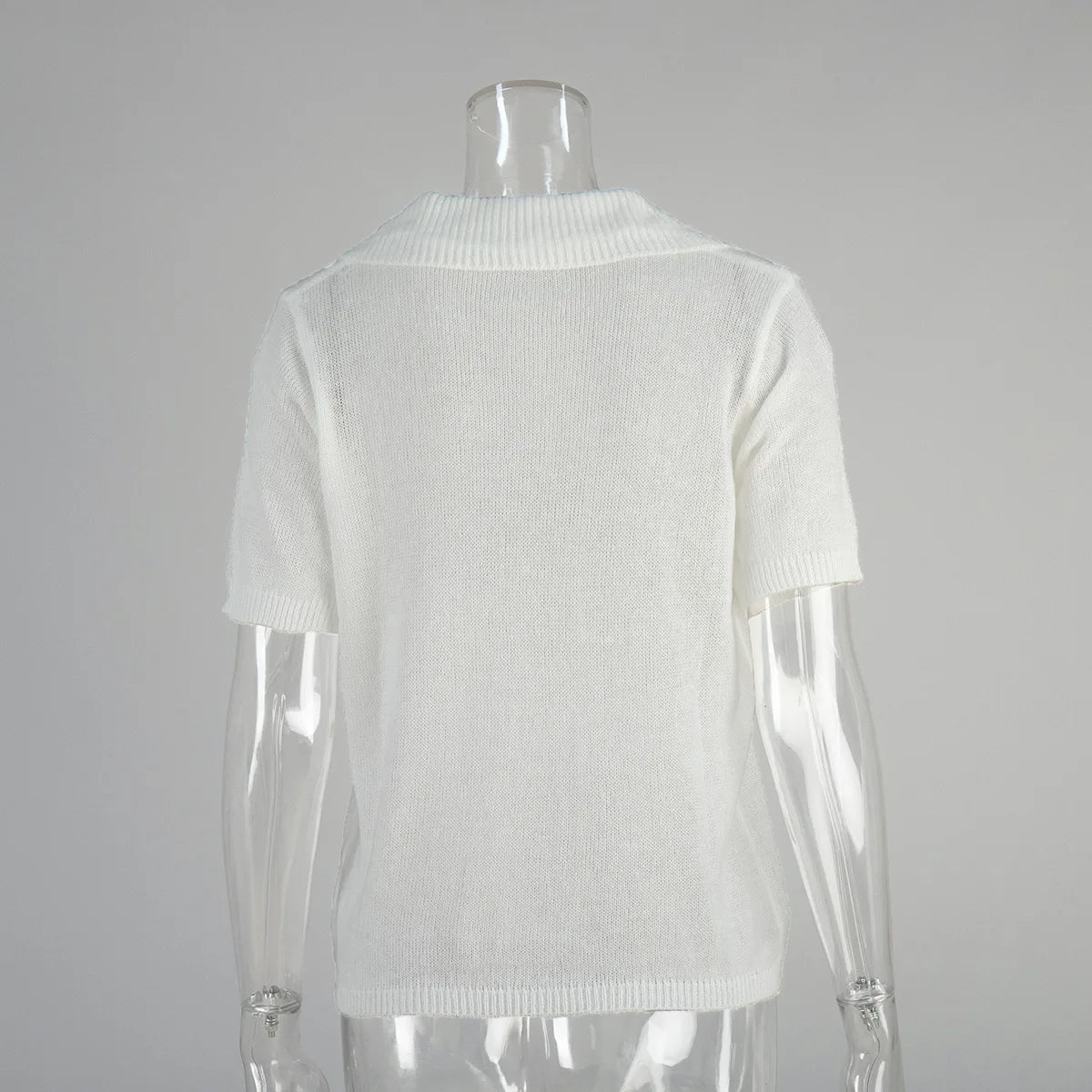 Summer Women's Polo Collar Knitted Short Sleeves Sweater Transparent T-shirt Female Simple 2025 Pink Yellow Gray Blue Red White