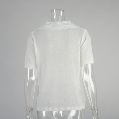 Summer Women's Polo Collar Knitted Short Sleeves Sweater Transparent T-shirt Female Simple 2025 Pink Yellow Gray Blue Red White
