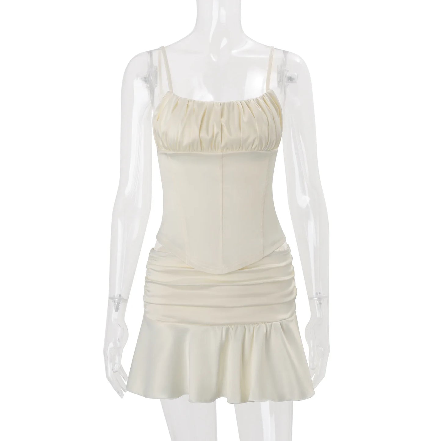 Sexy Corset Top Ruffles Super Mini Skirt Matching Sets for Women Ruched Tops Dress Outfit Summer Female Clothing Pink Apricot