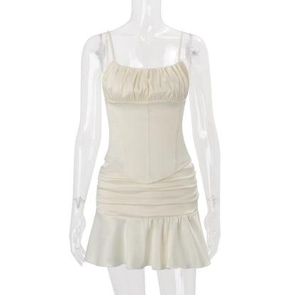 Sexy Corset Top Ruffles Super Mini Skirt Matching Sets for Women Ruched Tops Dress Outfit Summer Female Clothing Pink Apricot