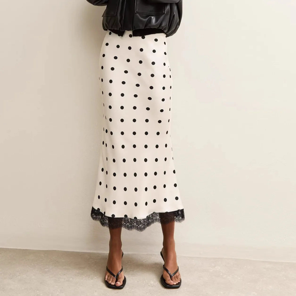 Satin Polka Dot Lace Patchwork Midi Skirt Women's High Waist Slik Skirts Female Clothing Black Fashion White Office Lady Summer
