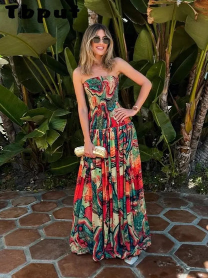 Women's Colorful Casual Long Dress Sexy Strapless Pleated Maxi Dresses Evening Party Wedding Guest Summer 2026 Female Clothing