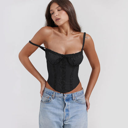 Elegant Summer Strapless T-shirts Corset Lace Tops Women Bandage T Shirt Y2K Chic Female Crop Top Black Red Blue White Yellow