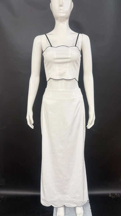 Elegant White Ruffle Beach Sets Women's Strap Backless Crop Top Long Skirt 2 Pieces Set Summer Beachwear Party Holiday Vacation