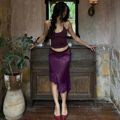 Sexy White Lace Patchwork Matching Sets Women's Halter Top Irregular Skirt Dress Suits Summer Holiday Vacation Outfits Purple