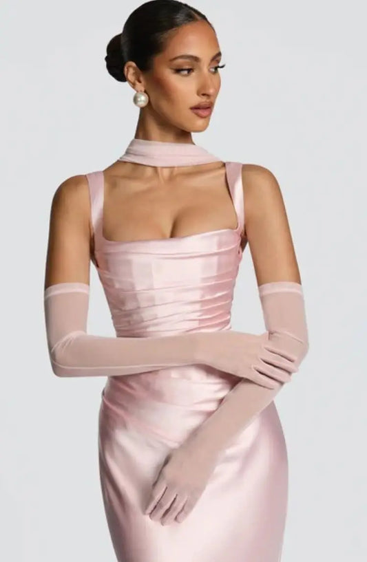 Elegant Women's Strapless Long Dress Vintage Ribbon Corset Ruched Maxi Dresses Evening Party Wedding Guest New Pink Green Prom