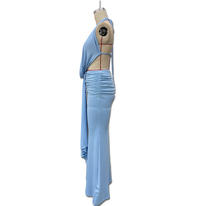 Sexy Blue Beach Sets Women's Halter V Neck Backless Crop Top Draped Long Skirt New Suit Summer Beachwear Holiday Vacation Yellow