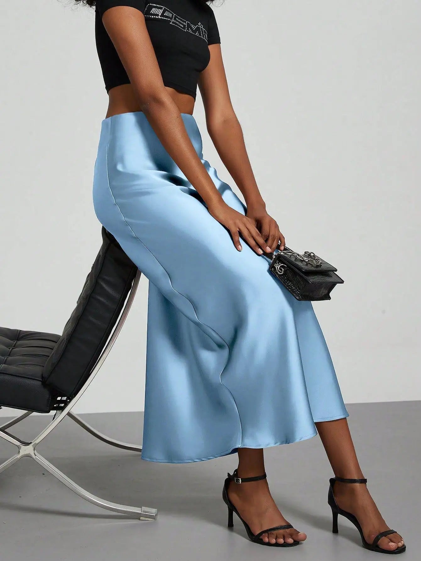 Satin Midi Skirt Women's High Waist Slik Skirts Female Clothing Black Fashion White Pink Blue Gray Burgundy Coffee Office Lady