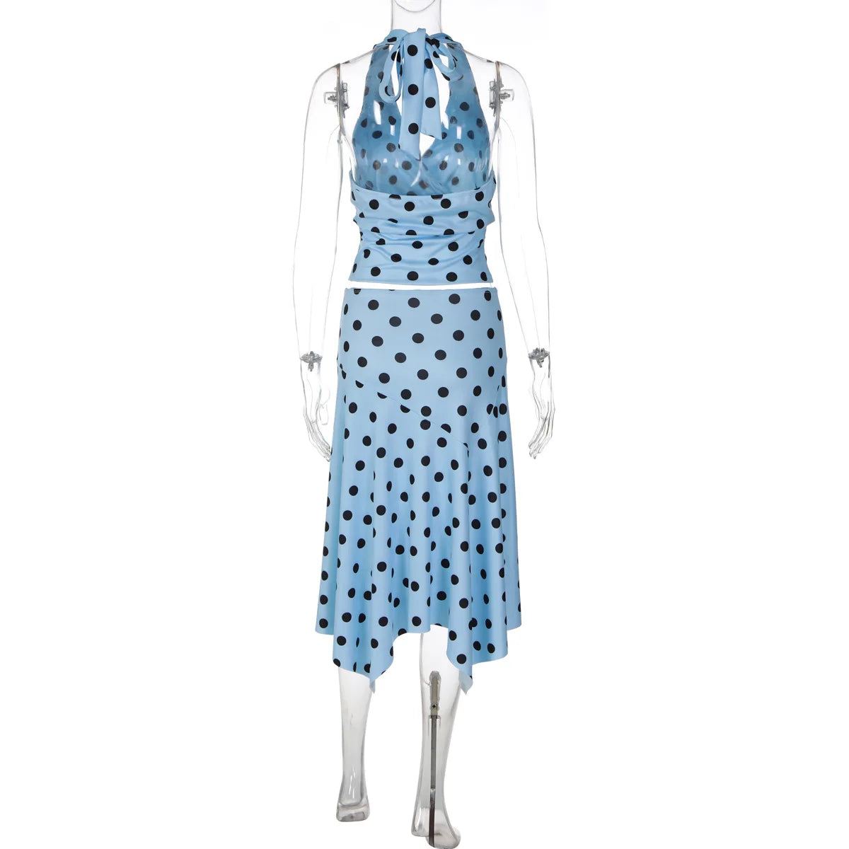 Blue Irregular Polka Dot Beach Sets Women's Halter Backless Crop Top Midi Skirt Matching Set Suit Summer Wear Holiday Vacation