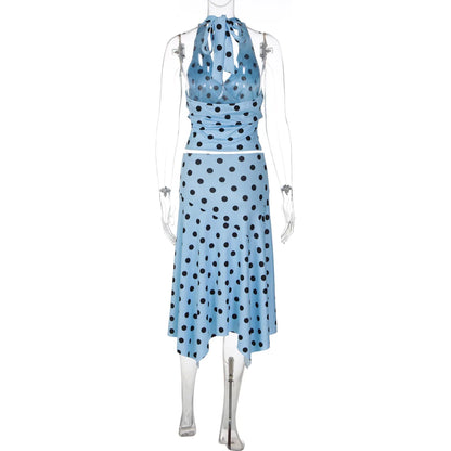 Blue Irregular Polka Dot Beach Sets Women's Halter Backless Crop Top Midi Skirt Matching Set Suit Summer Wear Holiday Vacation