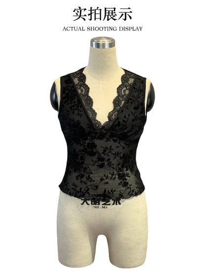 Sexy Lace Patchwork Tight Tops Chic Women's V Neck Sleeveless Print Top T-shirt Black Summer Spring Female Clothing Tees 2025