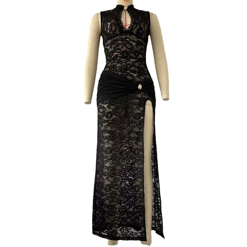 Elegant Black Lace Hollow Out Long Dress Women's Ruched High Slit Dresses Evening Party Club Wear Cocktail Summer Burgundy White