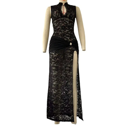 Elegant Black Lace Hollow Out Long Dress Women's Ruched High Slit Dresses Evening Party Club Wear Cocktail Summer Burgundy White