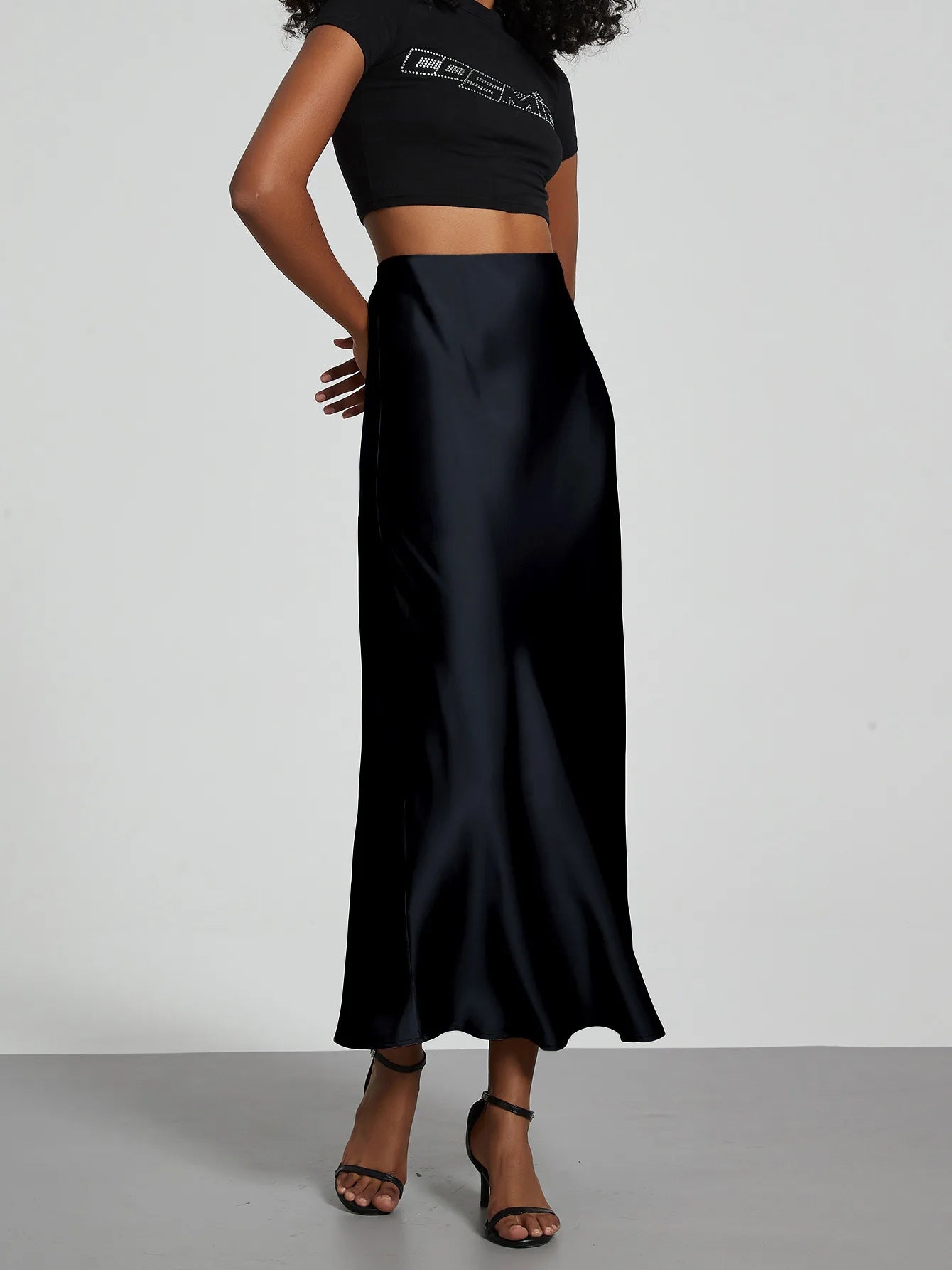 Satin Midi Skirt Women's High Waist Slik Skirts Female Clothing Black Fashion White Pink Blue Gray Burgundy Coffee Office Lady